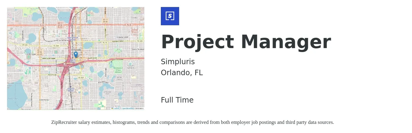 Simpluris job posting for a Project Manager in Orlando, FL with a salary of $73,300 to $114,800 Yearly with a map of Orlando location.