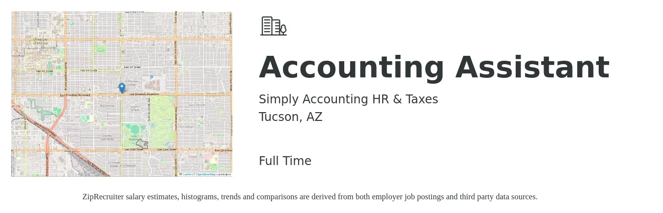 Simply Accounting HR & Taxes job posting for a Accounting Assistant in Tucson, AZ with a salary of $17 to $22 Hourly with a map of Tucson location.