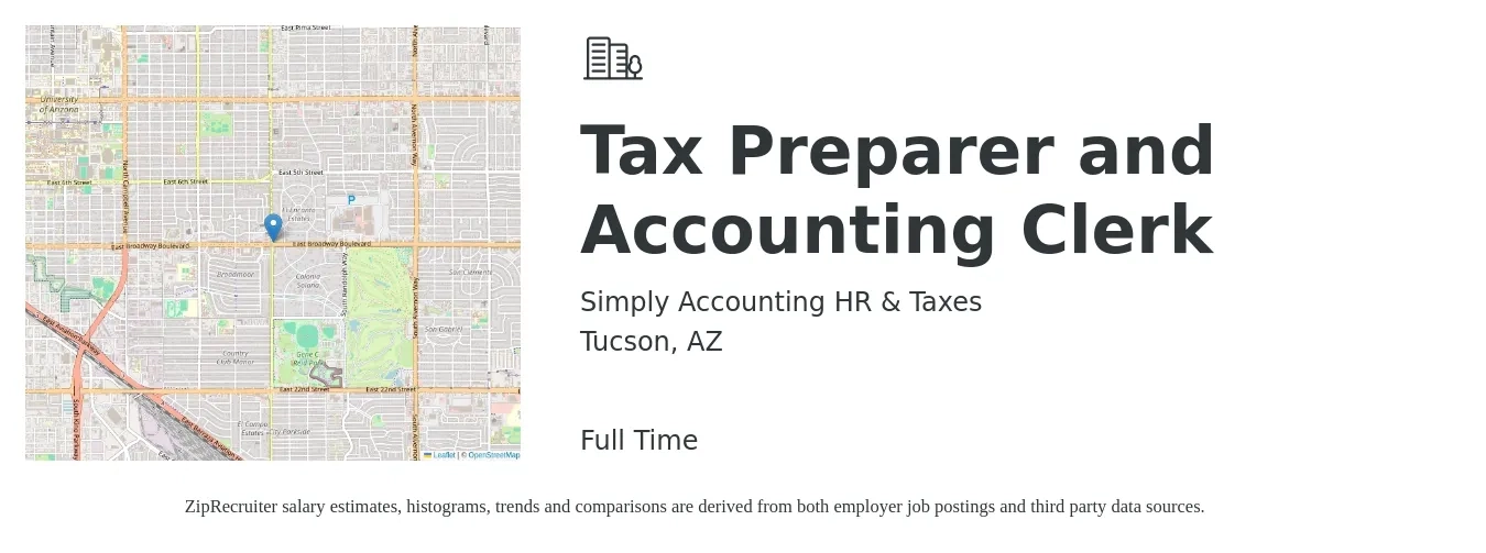 Simply Accounting HR & Taxes job posting for a Tax Preparer and Accounting Clerk in Tucson, AZ with a salary of $12 to $17 Hourly with a map of Tucson location.