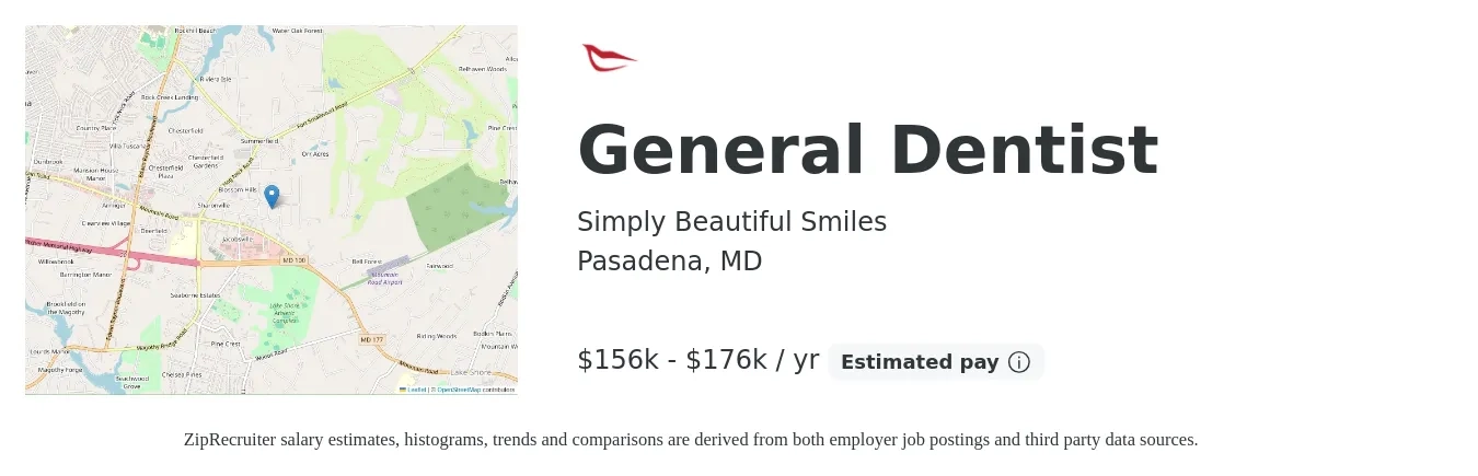 Simply Beautiful Smiles job posting for a General Dentist in Pasadena, MD with a salary of $156,000 to $176,800 Yearly with a map of Pasadena location.