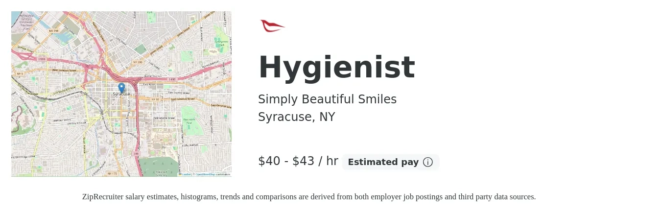 Simply Beautiful Smiles job posting for a Hygienist in Syracuse, NY with a salary of $42 to $45 Hourly with a map of Syracuse location.