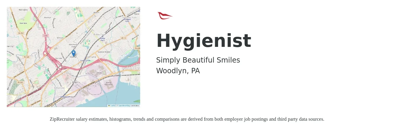 Simply Beautiful Smiles job posting for a Hygienist in Woodlyn, PA with a salary of $36 to $48 Hourly with a map of Woodlyn location.