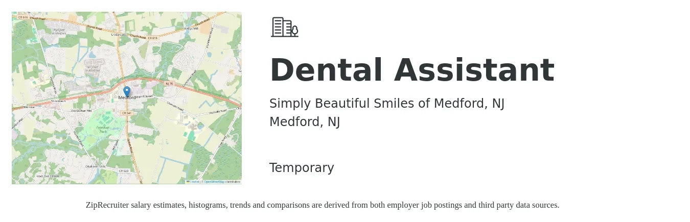 Simply Beautiful Smiles of Medford, NJ job posting for a Dental Assistant in Medford, NJ with a salary of $18 to $23 Hourly with a map of Medford location.