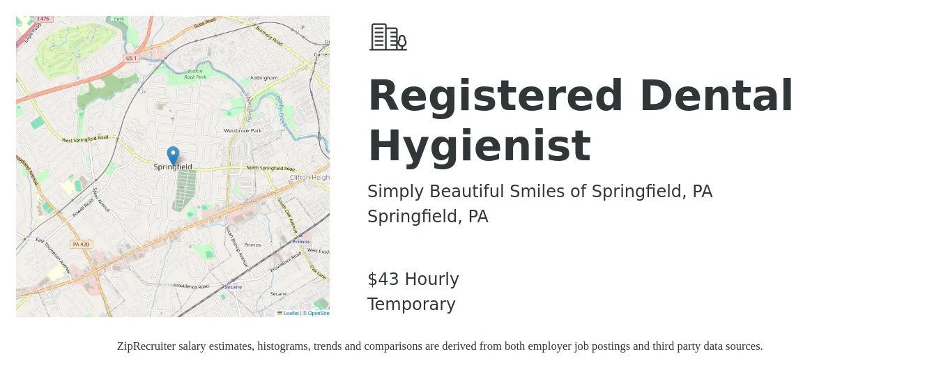 Simply Beautiful Smiles of Springfield, PA job posting for a Registered Dental Hygienist in Springfield, PA with a salary of $45 Hourly with a map of Springfield location.