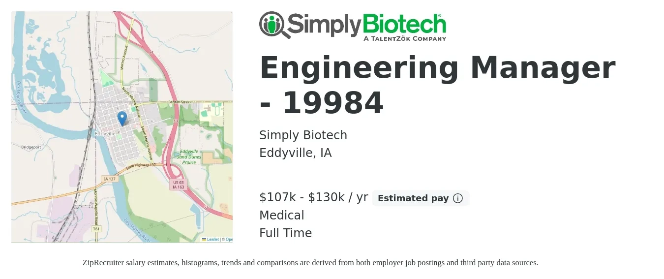 Simply Biotech job posting for a Engineering Manager - 19984 in Eddyville, IA with a salary of $107,000 to $130,000 Yearly and benefits including medical with a map of Eddyville location.