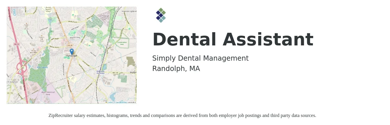 Simply Dental Management Inc job posting for a Dental Assistant in Randolph, MA with a salary of $25 to $30 Hourly with a map of Randolph location.