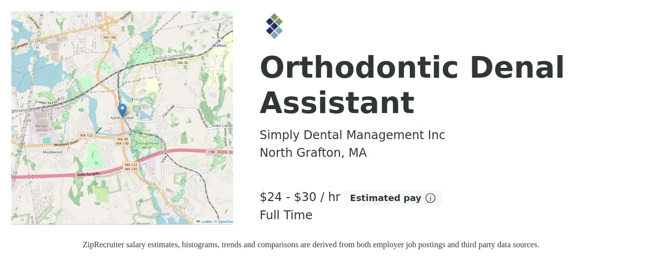 Simply Dental Management Inc job posting for a Orthodontic Denal Assistant in North Grafton, MA with a salary of $25 to $32 Hourly with a map of North Grafton location.