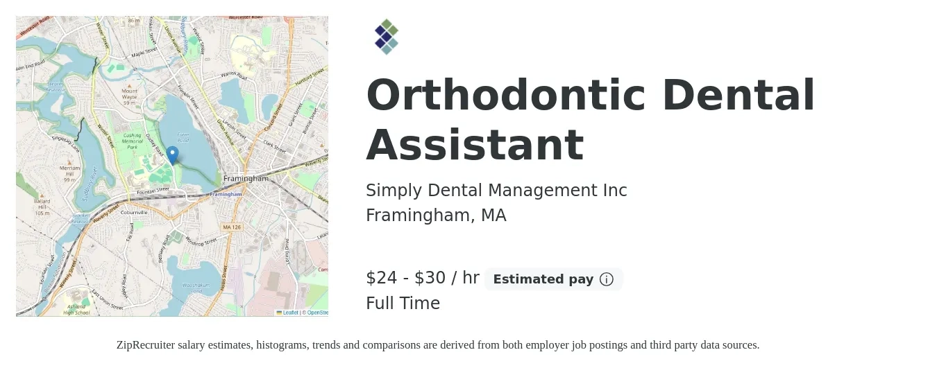 Simply Dental Management Inc job posting for a Orthodontic Dental Assistant in Framingham, MA with a salary of $25 to $32 Hourly with a map of Framingham location.