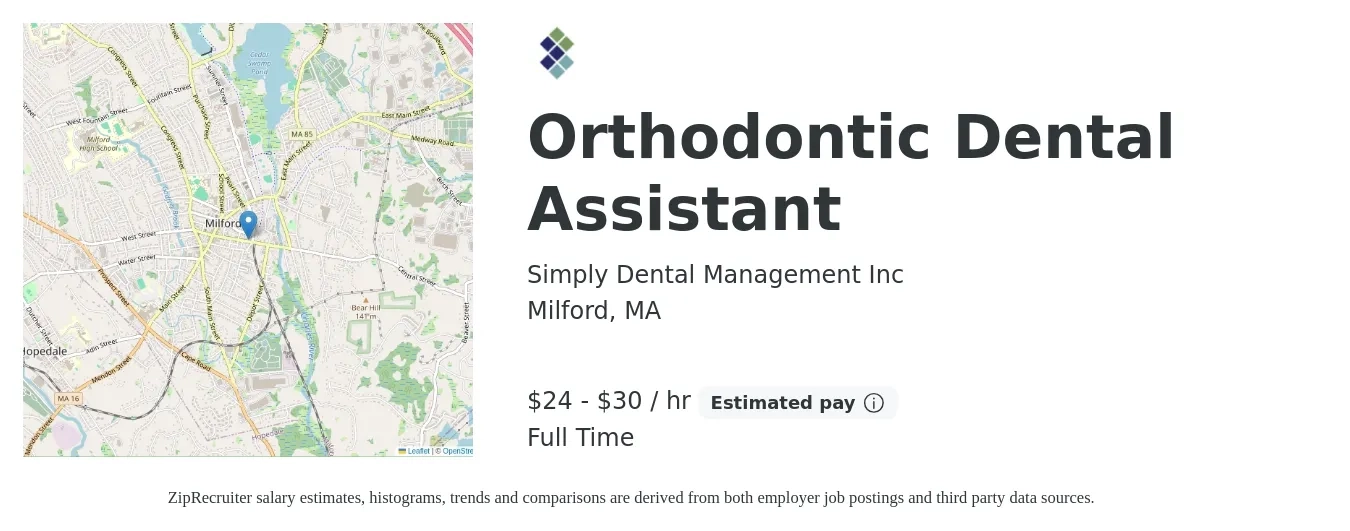 Simply Dental Management Inc job posting for a Orthodontic Dental Assistant in Milford, MA with a salary of $25 to $32 Hourly with a map of Milford location.