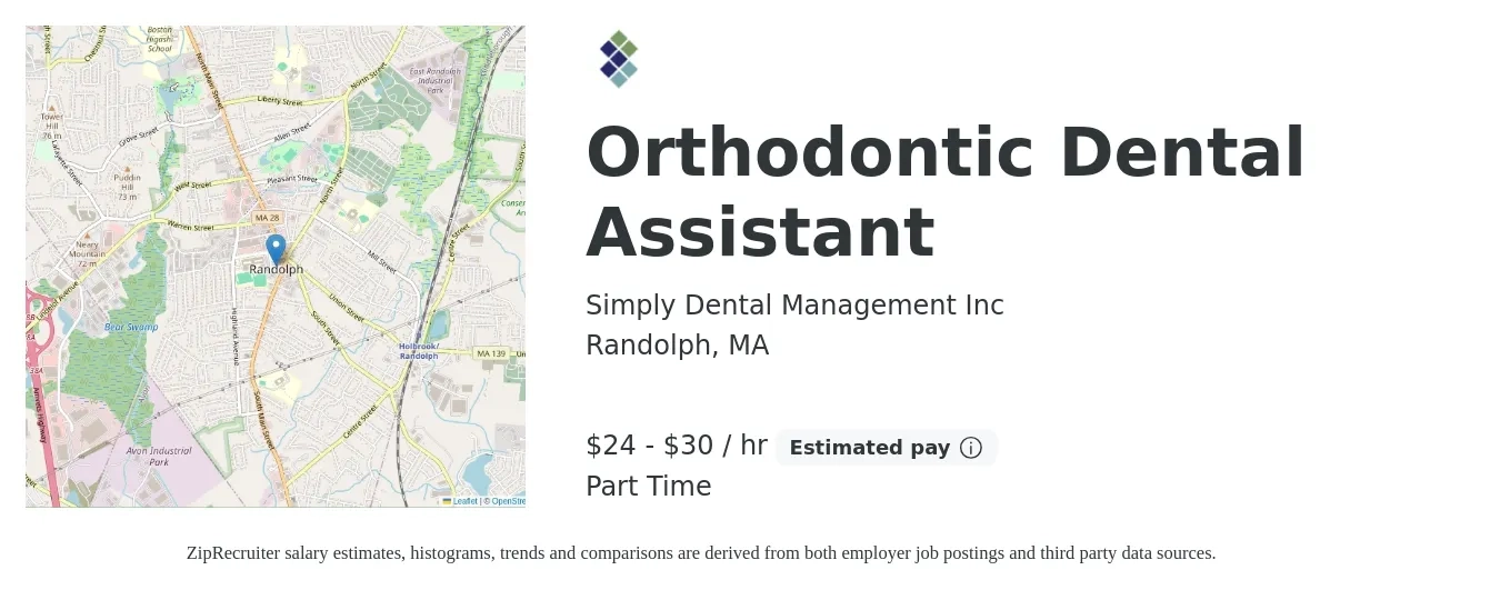 Simply Dental Management Inc job posting for a Orthodontic Dental Assistant in Randolph, MA with a salary of $25 to $32 Hourly with a map of Randolph location.