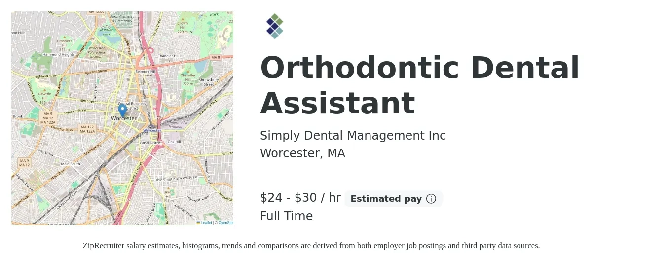 Simply Dental Management Inc job posting for a Orthodontic Dental Assistant in Worcester, MA with a salary of $25 to $32 Hourly with a map of Worcester location.