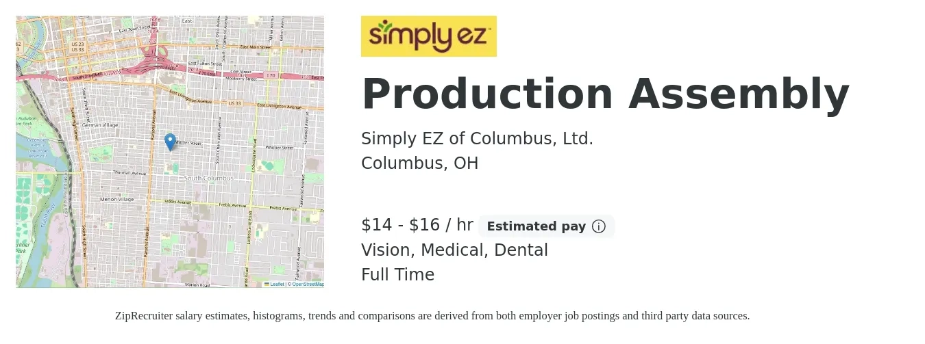 Simply EZ of Columbus, Ltd. job posting for a Production Assembly in Columbus, OH with a salary of $15 to $17 Hourly and benefits including dental, life_insurance, medical, retirement, and vision with a map of Columbus location.