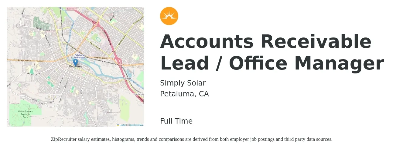 Simply Solar job posting for a Accounts Receivable Lead / Office Manager in Petaluma, CA with a salary of $20 to $35 Hourly with a map of Petaluma location.