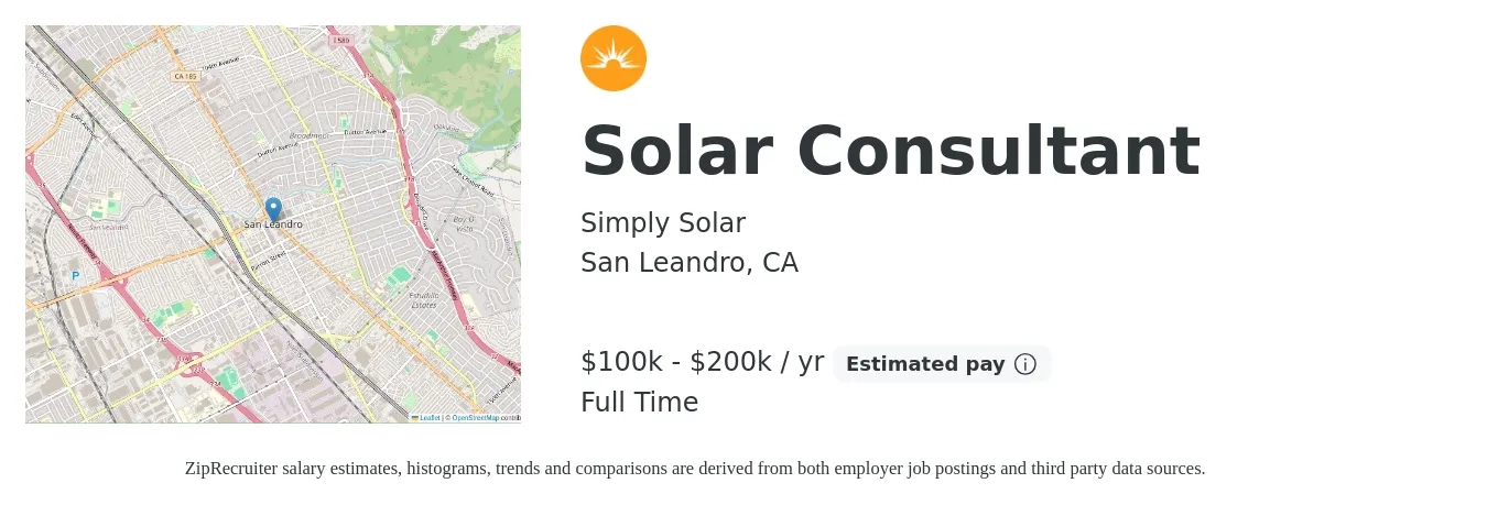 Simply Solar job posting for a Solar Consultant in San Leandro, CA with a salary of $100,000 to $200,000 Yearly with a map of San Leandro location.