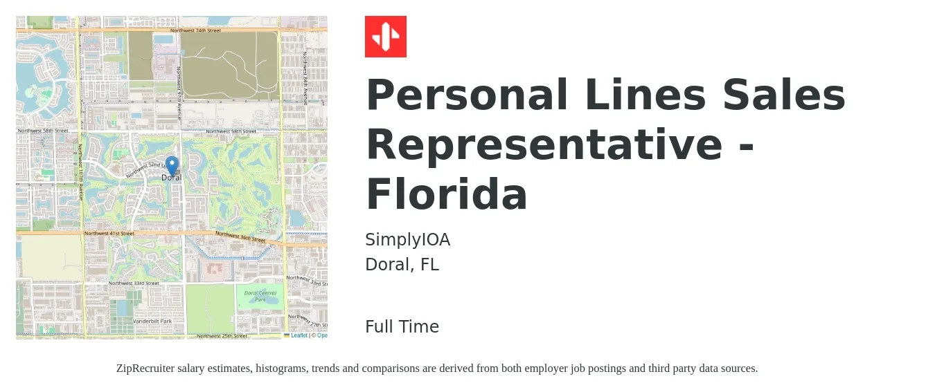 SimplyIOA job posting for a Personal Lines Sales Representative - Florida in Doral, FL with a map of Doral location.