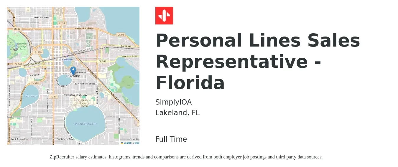 SimplyIOA job posting for a Personal Lines Sales Representative - Florida in Lakeland, FL with a map of Lakeland location.