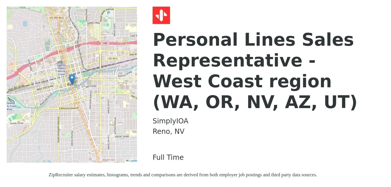 SimplyIOA job posting for a Personal Lines Sales Representative - West Coast region (WA, OR, NV, AZ, UT) in Reno, NV with a map of Reno location.