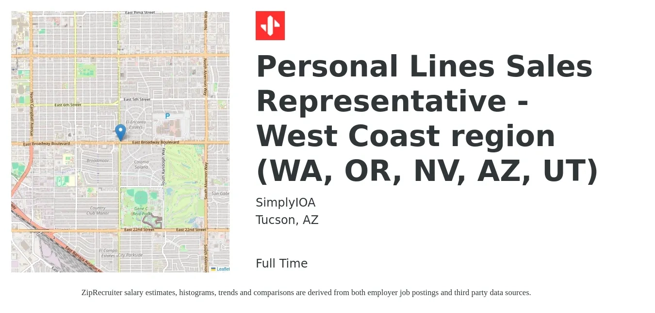 SimplyIOA job posting for a Personal Lines Sales Representative - West Coast region (WA, OR, NV, AZ, UT) in Tucson, AZ with a map of Tucson location.