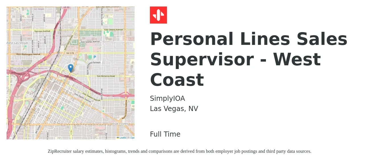 SimplyIOA job posting for a Personal Lines Sales Supervisor - West Coast in Las Vegas, NV with a salary of $43,000 to $58,300 Yearly with a map of Las Vegas location.
