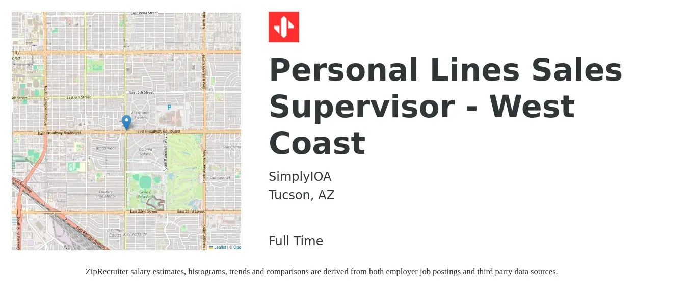 SimplyIOA job posting for a Personal Lines Sales Supervisor - West Coast in Tucson, AZ with a salary of $41,800 to $56,600 Yearly with a map of Tucson location.