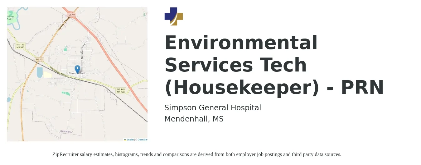 Simpson General Hospital job posting for a Environmental Services Tech (Housekeeper) - PRN in Mendenhall, MS with a salary of $11 to $13 Hourly with a map of Mendenhall location.