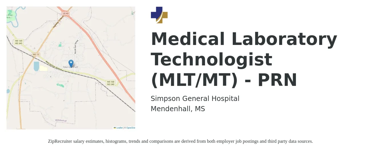 Simpson General Hospital job posting for a Medical Laboratory Technologist (MLT/MT) - PRN in Mendenhall, MS with a salary of $19 to $30 Hourly with a map of Mendenhall location.