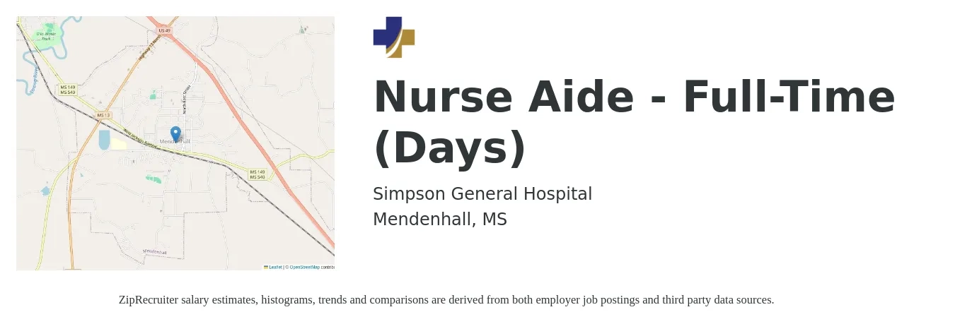 Simpson General Hospital job posting for a Nurse Aide - Full-Time (Days) in Mendenhall, MS with a salary of $10 to $14 Hourly with a map of Mendenhall location.