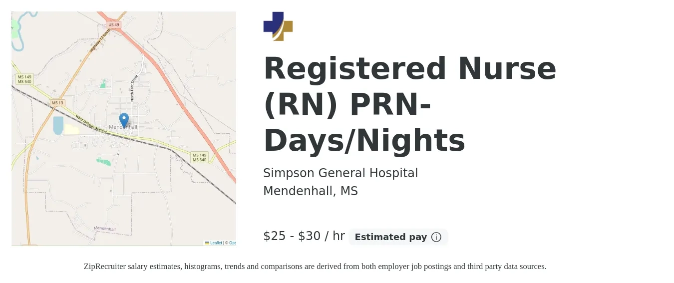 Simpson General Hospital job posting for a Registered Nurse (RN) PRN- Days/Nights in Mendenhall, MS with a salary of $26 to $32 Hourly with a map of Mendenhall location.