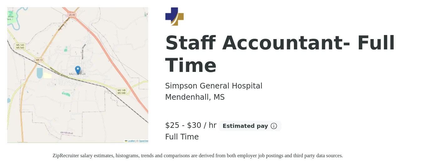 Simpson General Hospital job posting for a Staff Accountant- Full Time in Mendenhall, MS with a salary of $26 to $32 Hourly with a map of Mendenhall location.