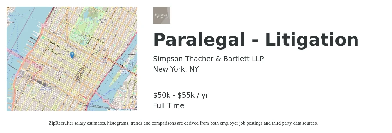 Simpson Thacher & Bartlett LLP job posting for a Paralegal - Litigation in New York, NY with a salary of $50,000 to $55,000 Yearly with a map of New York location.