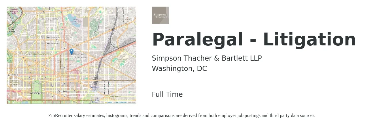Simpson Thacher & Bartlett LLP job posting for a Paralegal - Litigation in Washington, DC with a salary of $63,800 to $88,000 Yearly with a map of Washington location.