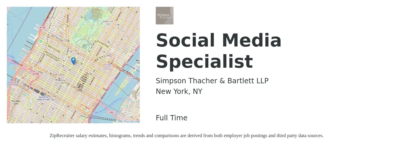 Simpson Thacher & Bartlett LLP job posting for a Social Media Specialist in New York, NY with a salary of $46,200 to $68,200 Yearly with a map of New York location.