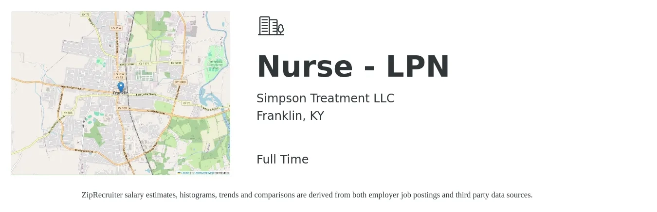 Simpson Treatment LLC job posting for a Nurse - LPN in Franklin, KY with a salary of $22 to $30 Hourly with a map of Franklin location.