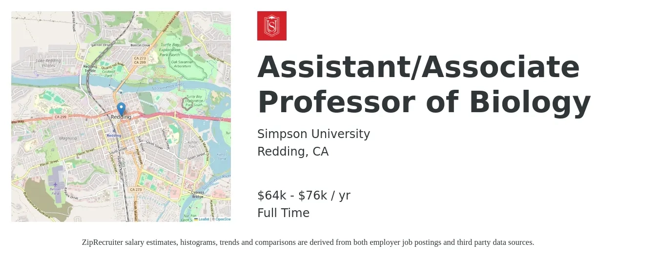 Simpson University job posting for a Assistant/Associate Professor of Biology in Redding, CA with a salary of $64,480 to $76,000 Yearly with a map of Redding location.