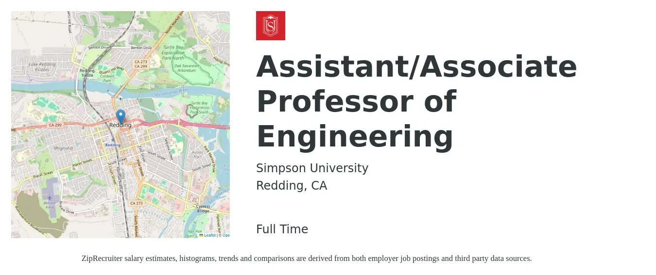 Simpson University job posting for a Assistant/Associate Professor of Engineering in Redding, CA with a salary of $58,500 to $111,600 Yearly with a map of Redding location.