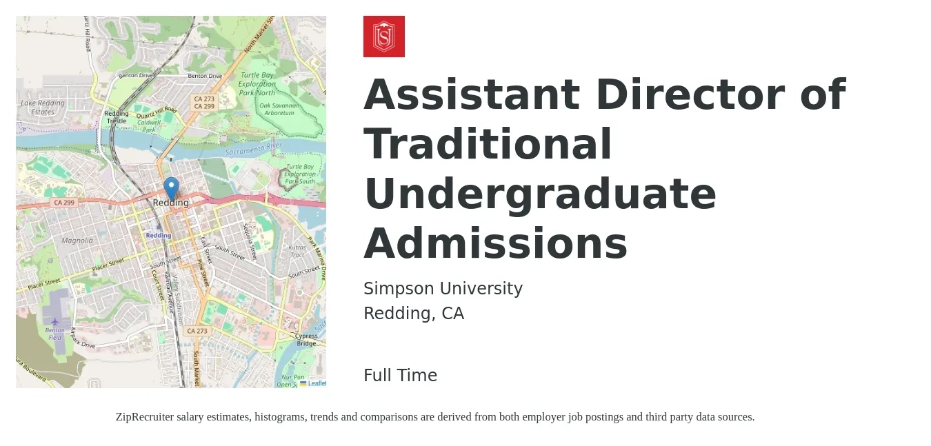 Simpson University job posting for a Assistant Director of Traditional Undergraduate Admissions in Redding, CA with a salary of $50,100 to $64,000 Yearly with a map of Redding location.