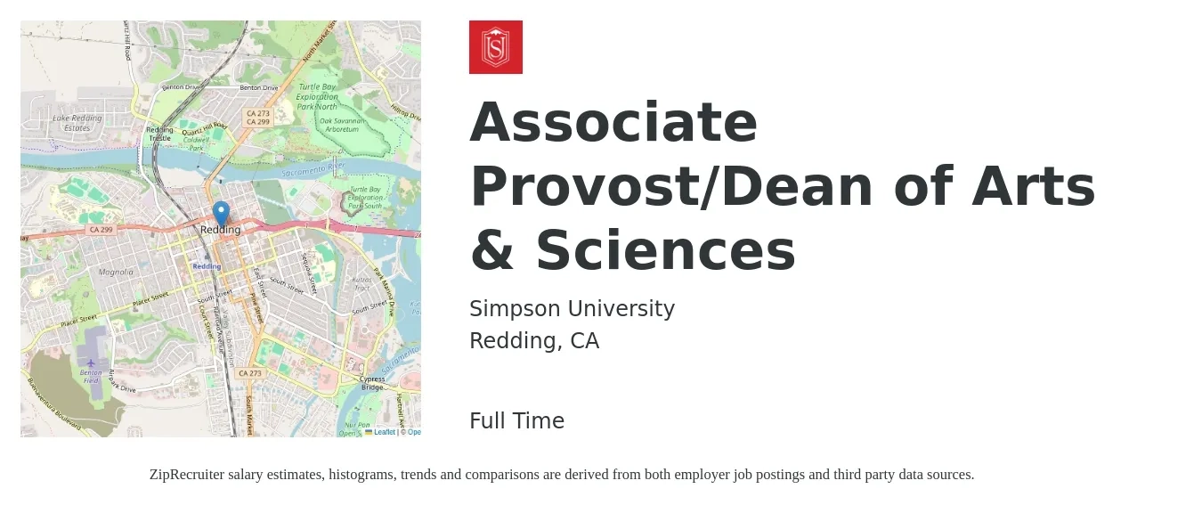Simpson University job posting for a Associate Provost/Dean of Arts & Sciences in Redding, CA with a salary of $72,900 to $106,600 Yearly with a map of Redding location.