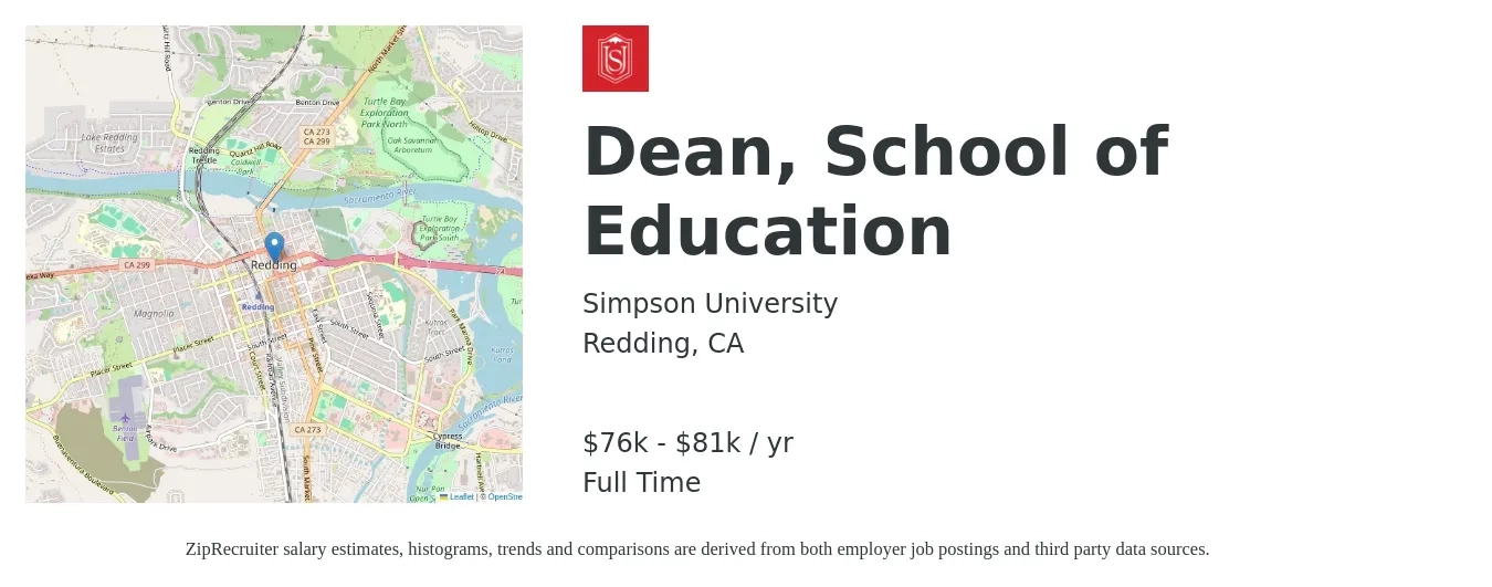 Simpson University job posting for a Dean, School of Education in Redding, CA with a salary of $76,000 to $81,000 Yearly with a map of Redding location.