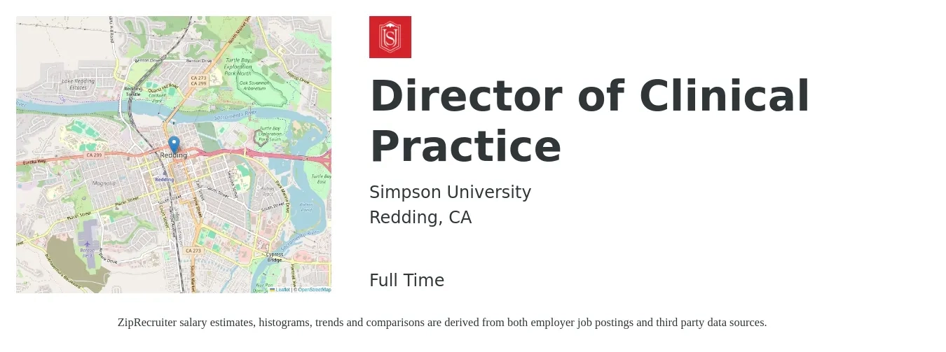 Simpson University job posting for a Director of Clinical Practice in Redding, CA with a salary of $50,600 to $85,800 Yearly with a map of Redding location.