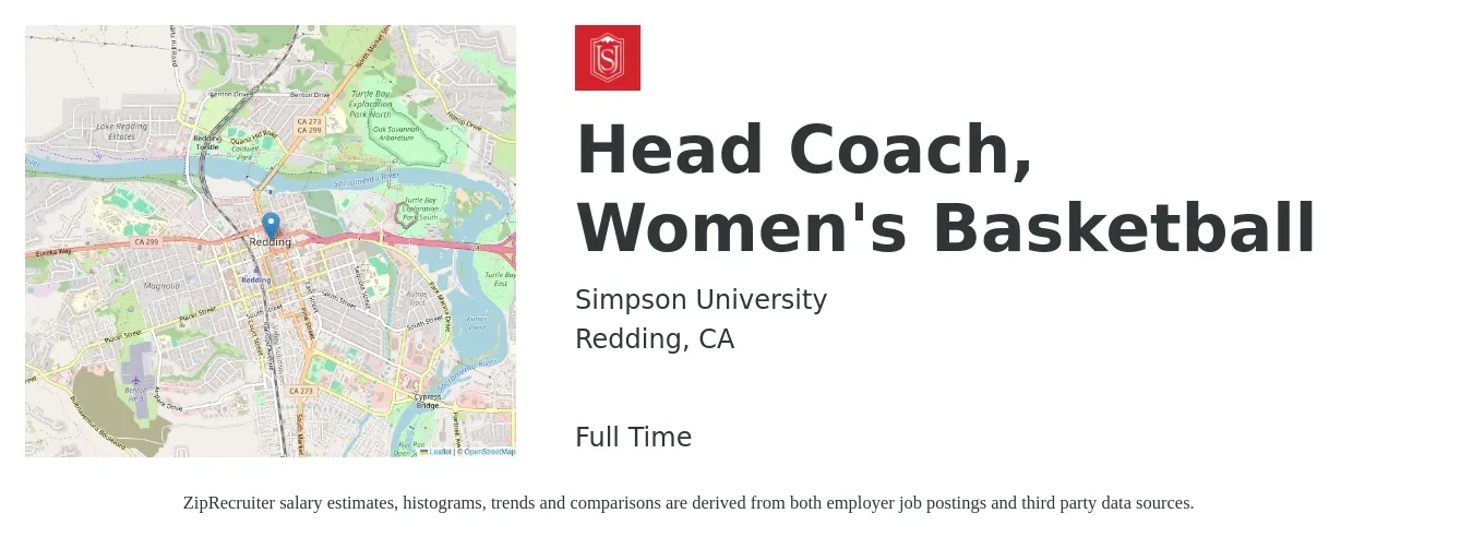 Simpson University job posting for a Head Coach, Women's Basketball in Redding, CA with a salary of $16 to $30 Hourly with a map of Redding location.