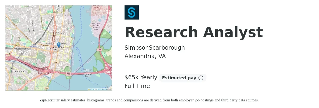 SimpsonScarborough job posting for a Research Analyst in Alexandria, VA with a salary of $65,000 Yearly with a map of Alexandria location.