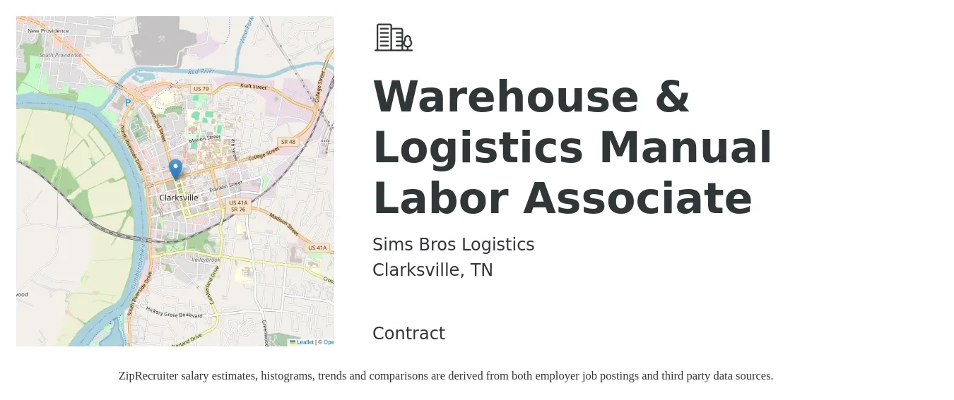 Sims Bros Logistics job posting for a Warehouse & Logistics Manual Labor Associate in Clarksville, TN with a salary of $500 to $800 Weekly with a map of Clarksville location.