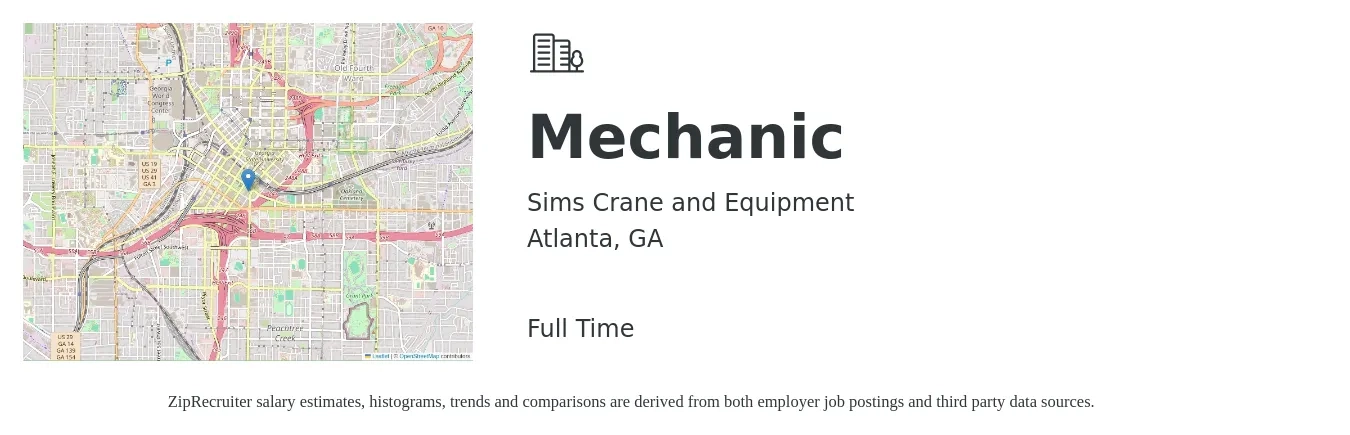 Sims Crane and Equipment job posting for a Mechanic in Atlanta, GA with a salary of $19 to $28 Hourly with a map of Atlanta location.