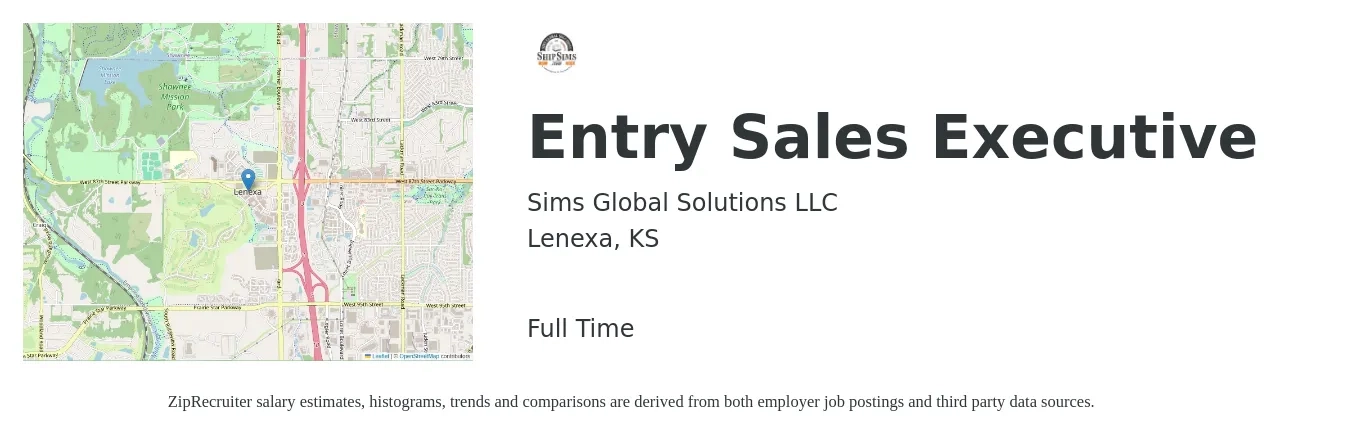 Sims Global Solutions LLC job posting for a Entry Sales Executive in Lenexa, KS with a salary of $53,000 to $91,200 Yearly with a map of Lenexa location.