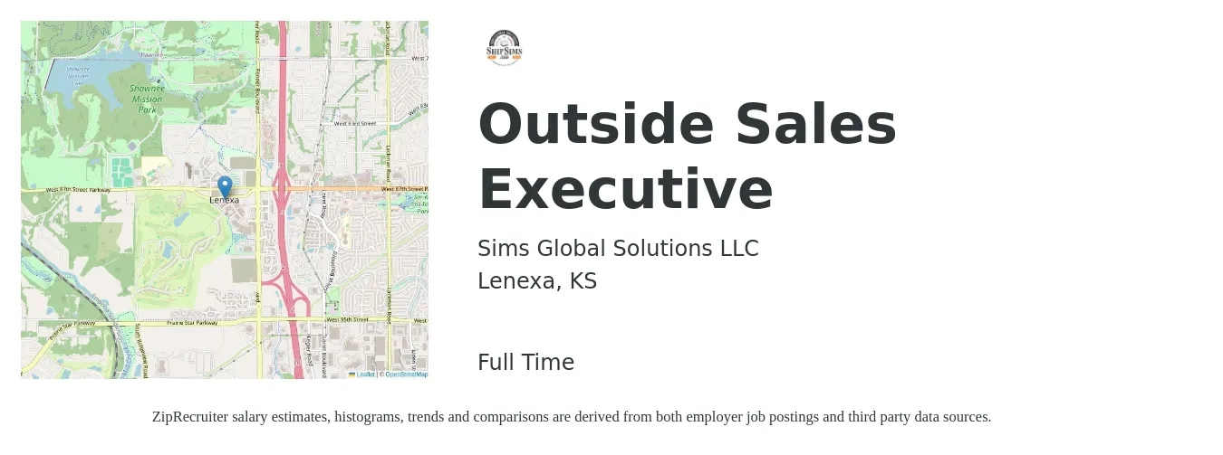 Sims Global Solutions LLC job posting for a Outside Sales Executive in Lenexa, KS with a salary of $52,600 to $76,300 Yearly with a map of Lenexa location.