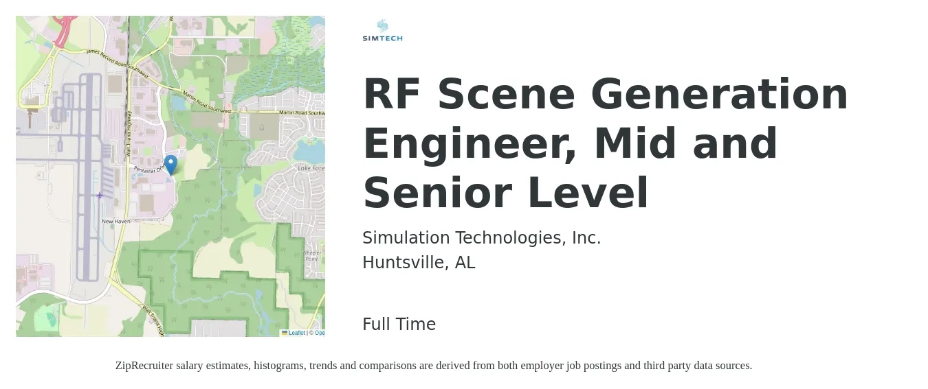 Simulation Technologies, Inc. job posting for a RF Scene Generation Engineer, Mid and Senior Level in Huntsville, AL with a salary of $97,400 to $133,700 Yearly with a map of Huntsville location.