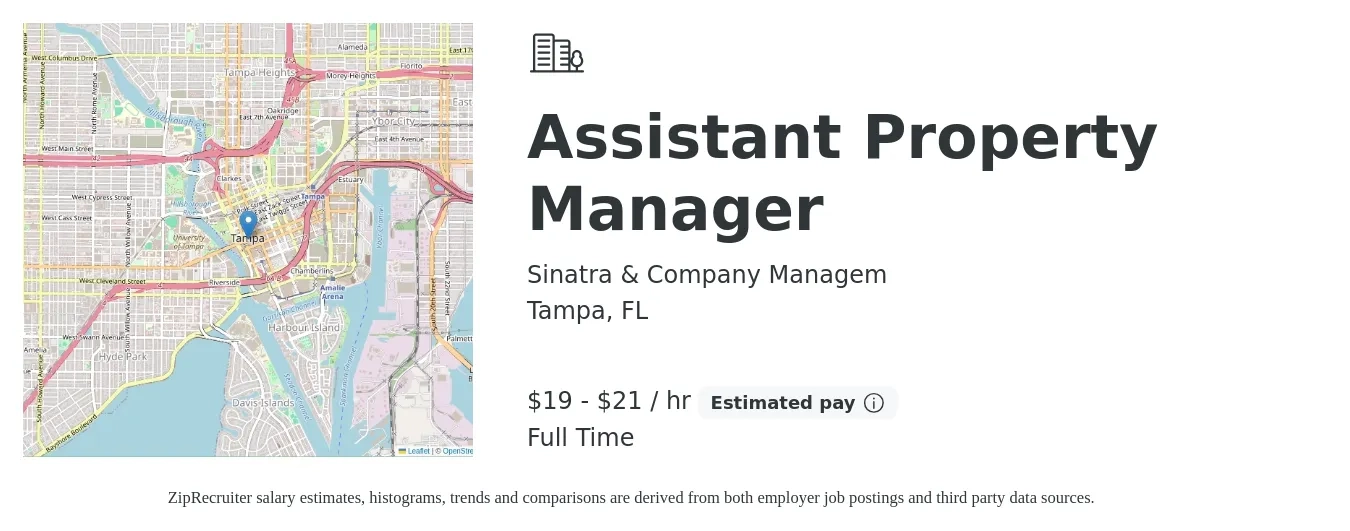 Sinatra & Company Managem job posting for a Assistant Property Manager in Tampa, FL with a salary of $20 to $22 Hourly with a map of Tampa location.