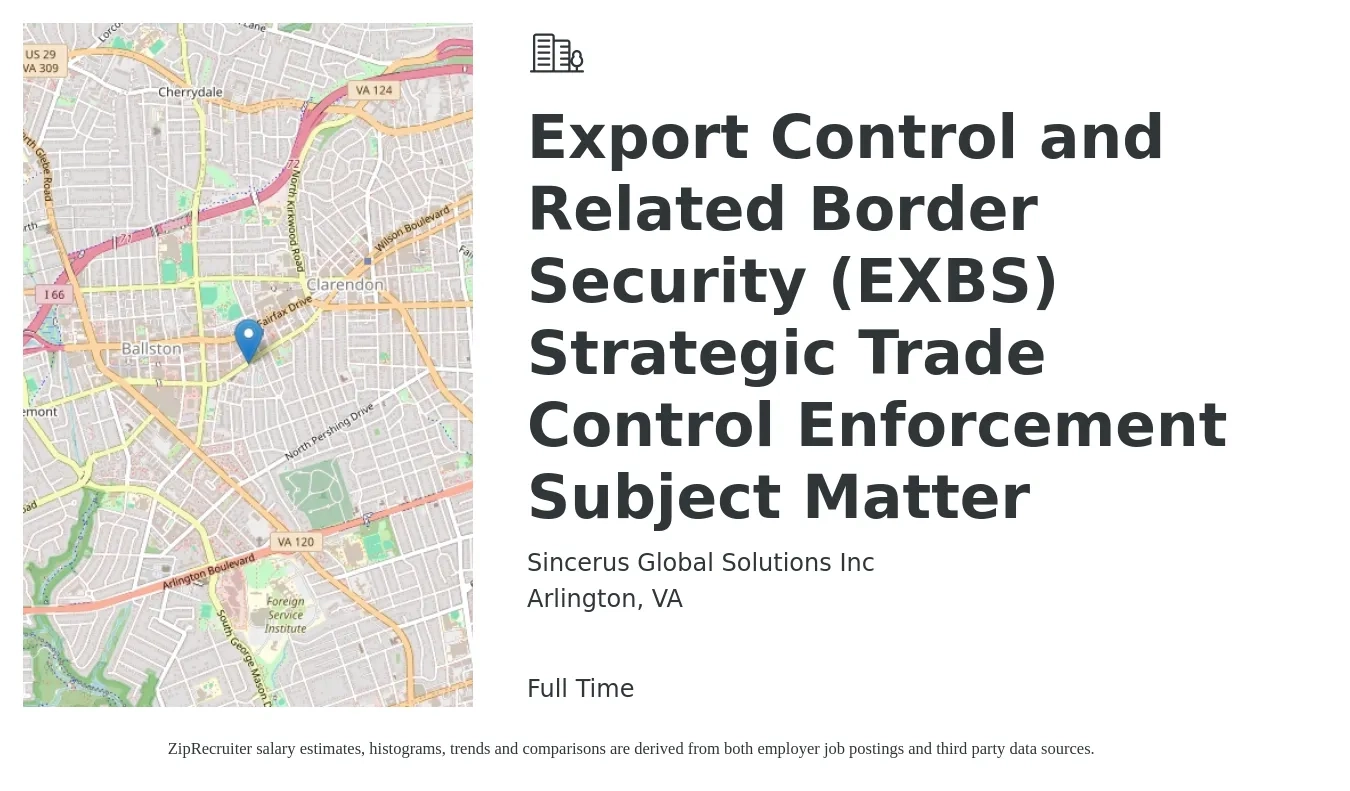 Sincerus Global Solutions Inc job posting for a Export Control and Related Border Security (EXBS) Strategic Trade Control Enforcement Subject Matter in Arlington, VA with a map of Arlington location.