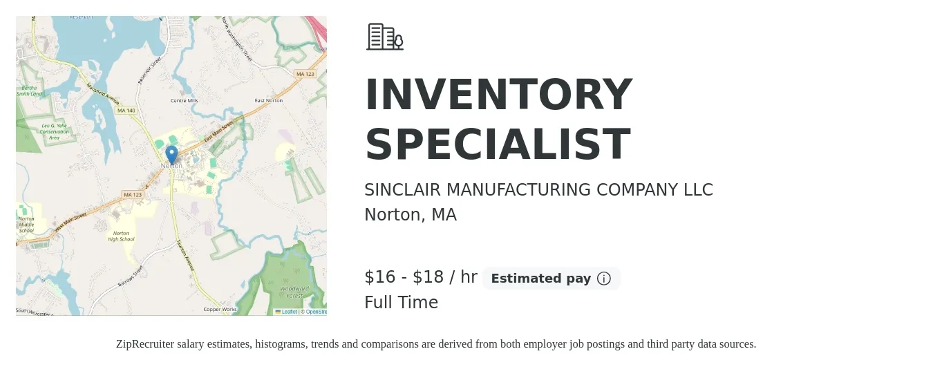 SINCLAIR MANUFACTURING COMPANY LLC job posting for a INVENTORY SPECIALIST in Norton, MA with a salary of $18 to $20 Hourly with a map of Norton location.