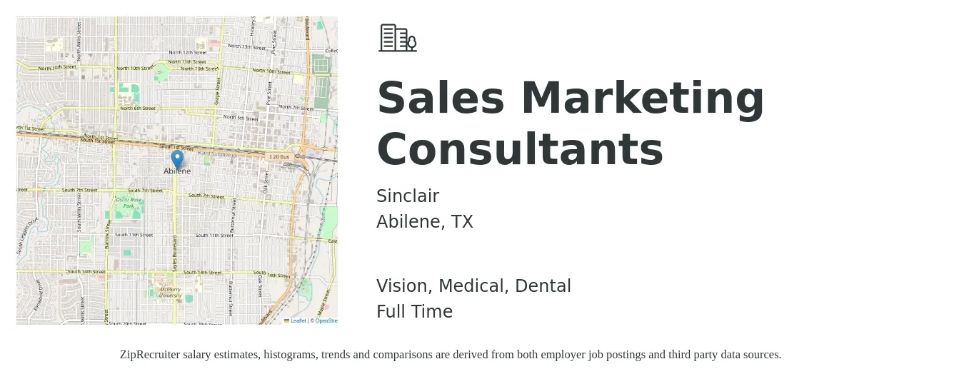 Sinclair job posting for a Sales Marketing Consultants in Abilene, TX with a salary of $42,100 to $73,100 Yearly and benefits including vision, dental, medical, and pto with a map of Abilene location.